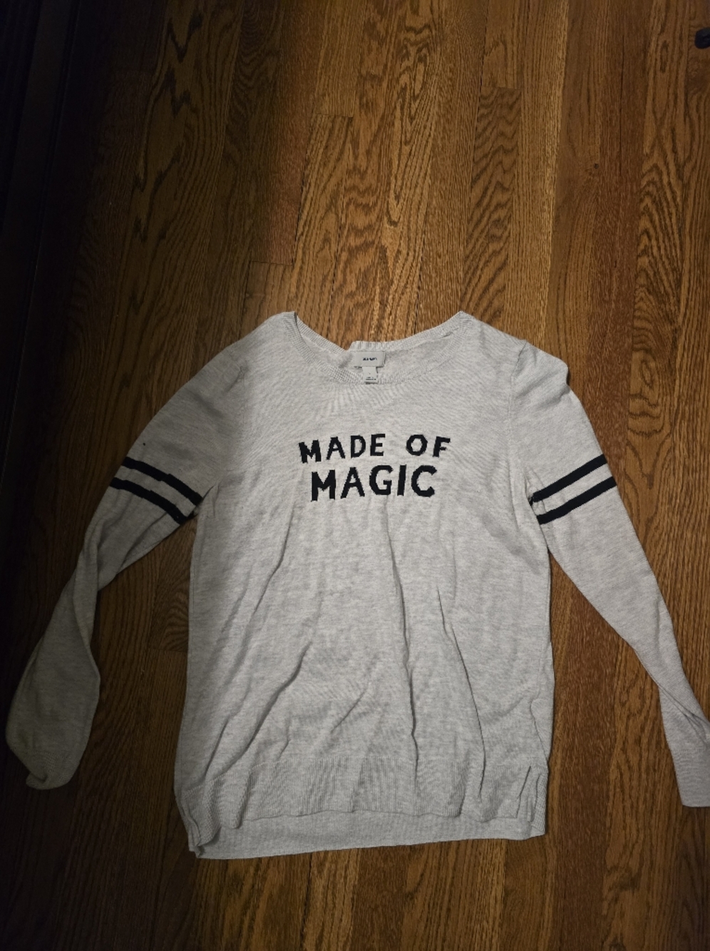 Old Navy Light Gray Sweater with Black Stripes & 'Made of Magic'